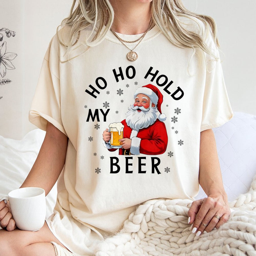 Ho Ho Hold My Beer Santa T-Shirt | Funny Christmas Drinking Graphic Tee | 100% Cotton Premium Apparel | Gift for Men & Beer Lovers