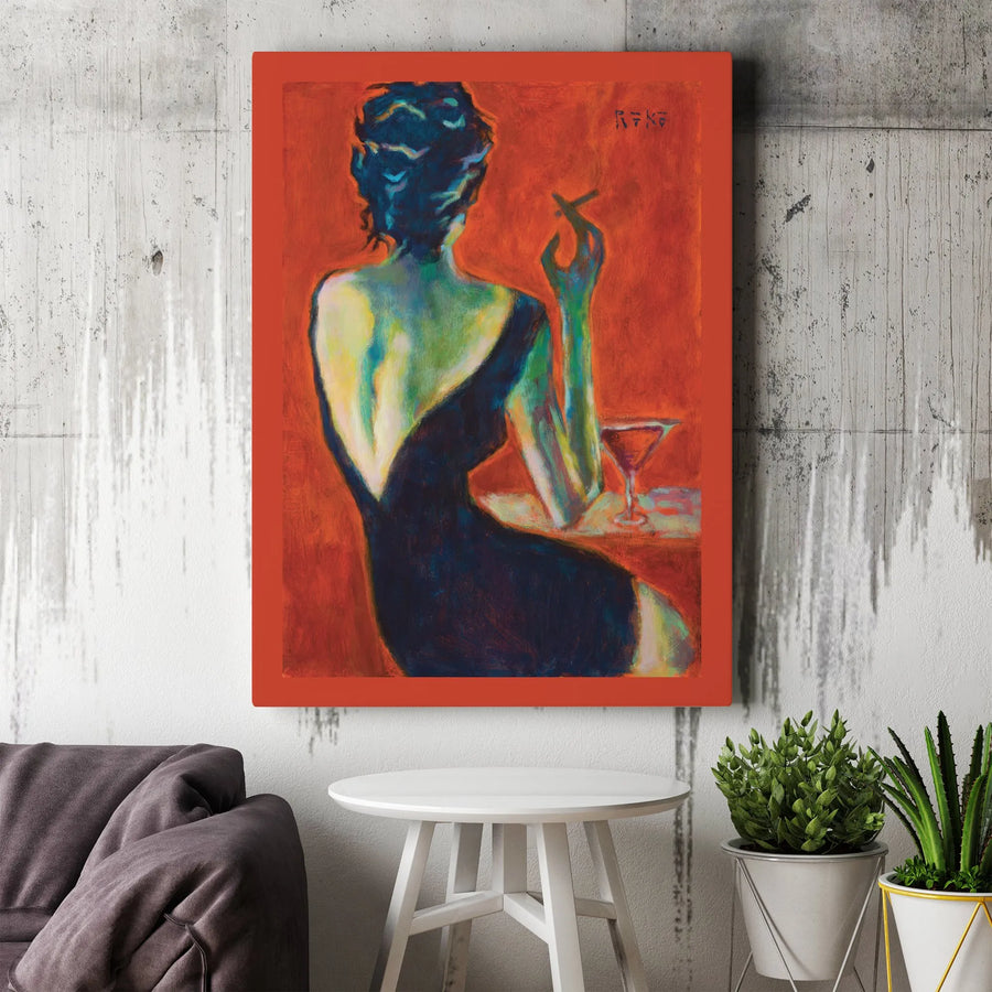 Woman Smoking with Martini Canvas Wall Art | Moody Impressionist Figurative Portrait | Premium Gallery Wrap Print | Sophisticated Bar Decor