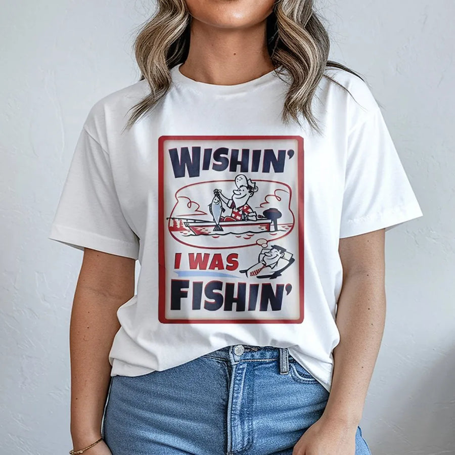 Wishin' I Was Fishing T-Shirt | Retro Cartoon Angler Graphic | 100% Premium Cotton | Funny Gift for Fisherman or Dad