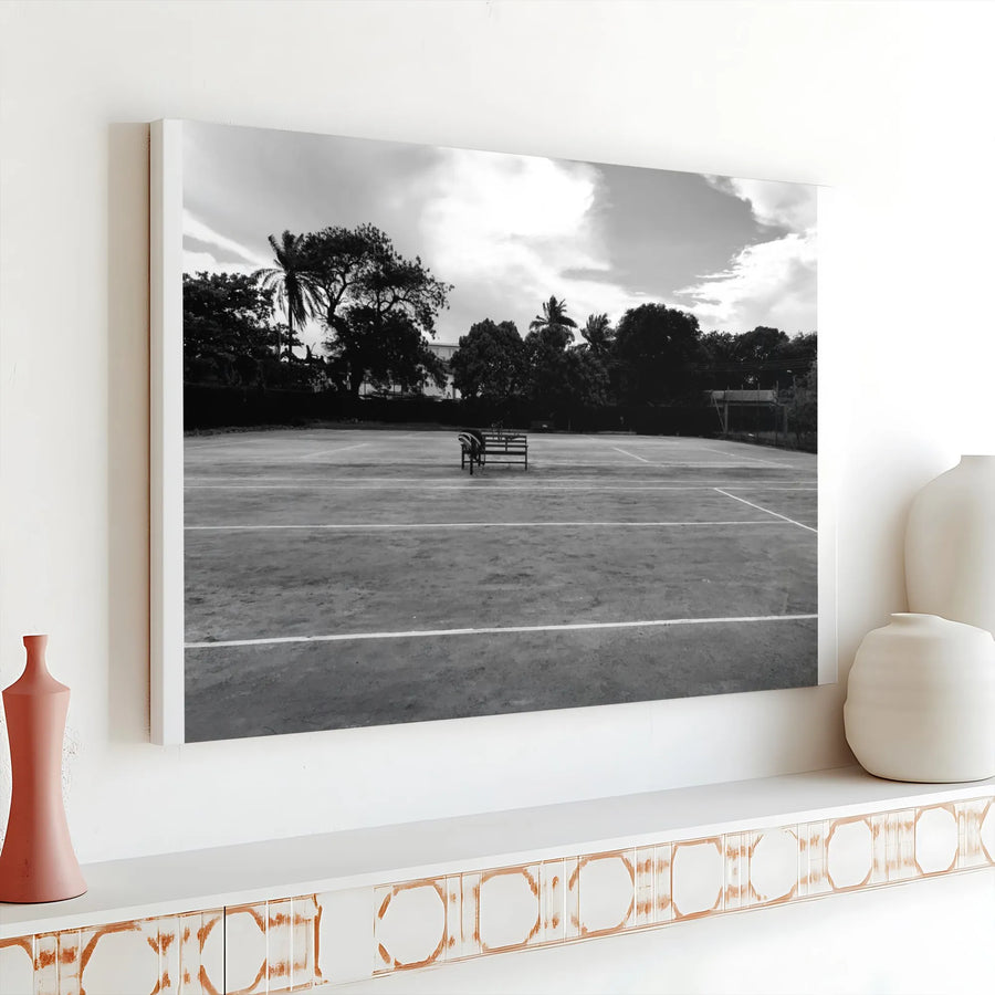 Vintage Tennis Court Canvas Wall Art | Serene Black & White Photo | Premium Gallery Wrap Canvas | Gift for Tennis Lover & Sports Fan
