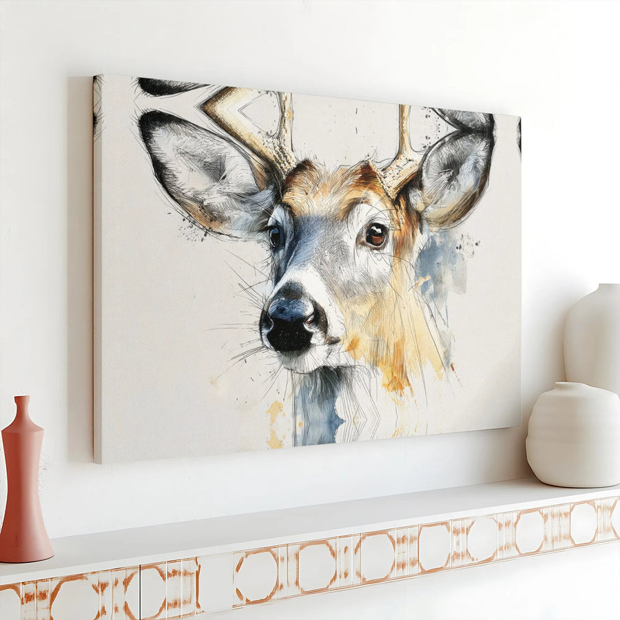 Deer Wall Art Canvas | Watercolor Sketch Animal Print | Premium Gallery Wrap 1.25 Inch Frame | Rustic Home Decor Gift for Nature Lovers