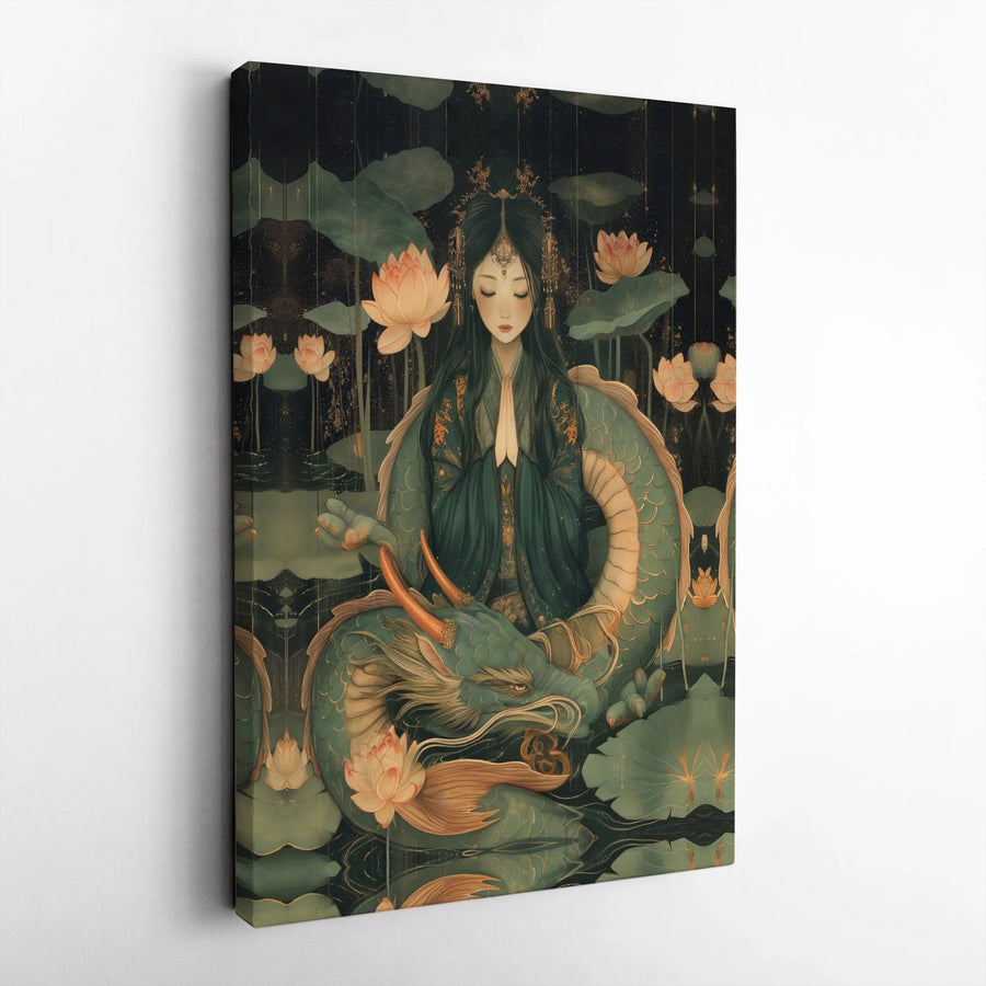 Goddess with Dragon Vertical Canvas | Asian Mythology Wall Art with Lotus Flowers | Premium 1.25 Inch Gallery Wrap | Spiritual Meditation Room Decor, Fantasy Gift