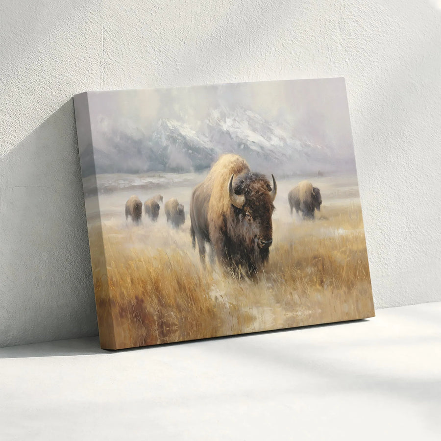 American Bison Wall Art | Snowy Mountain Herd Landscape | Premium Gallery Wrapped Canvas | Wildlife Decor Gift for Cabin and Office