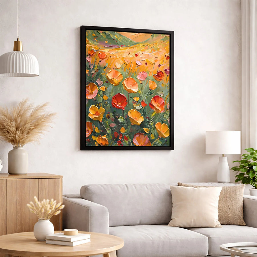 Poppy Field Canvas Print | Vibrant Impasto Flower Landscape | 1.25 Inch Gallery Wrap | Modern Botanical Home Decor Wall Art