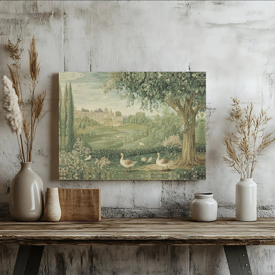 Vintage Chateau Landscape Canvas Print | French Countryside Scene with Geese | 1.25-Inch Gallery Wrap | Premium Wall Decor for Home