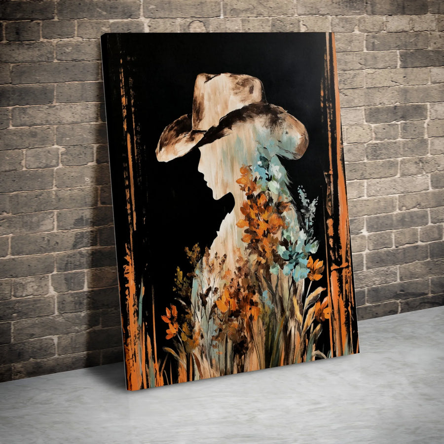 Western Floral Canvas Wall Art | Abstract Cowgirl Silhouette with Wildflowers | Premium Gallery Wrapped Canvas | Rustic Farmhouse Decor Gift