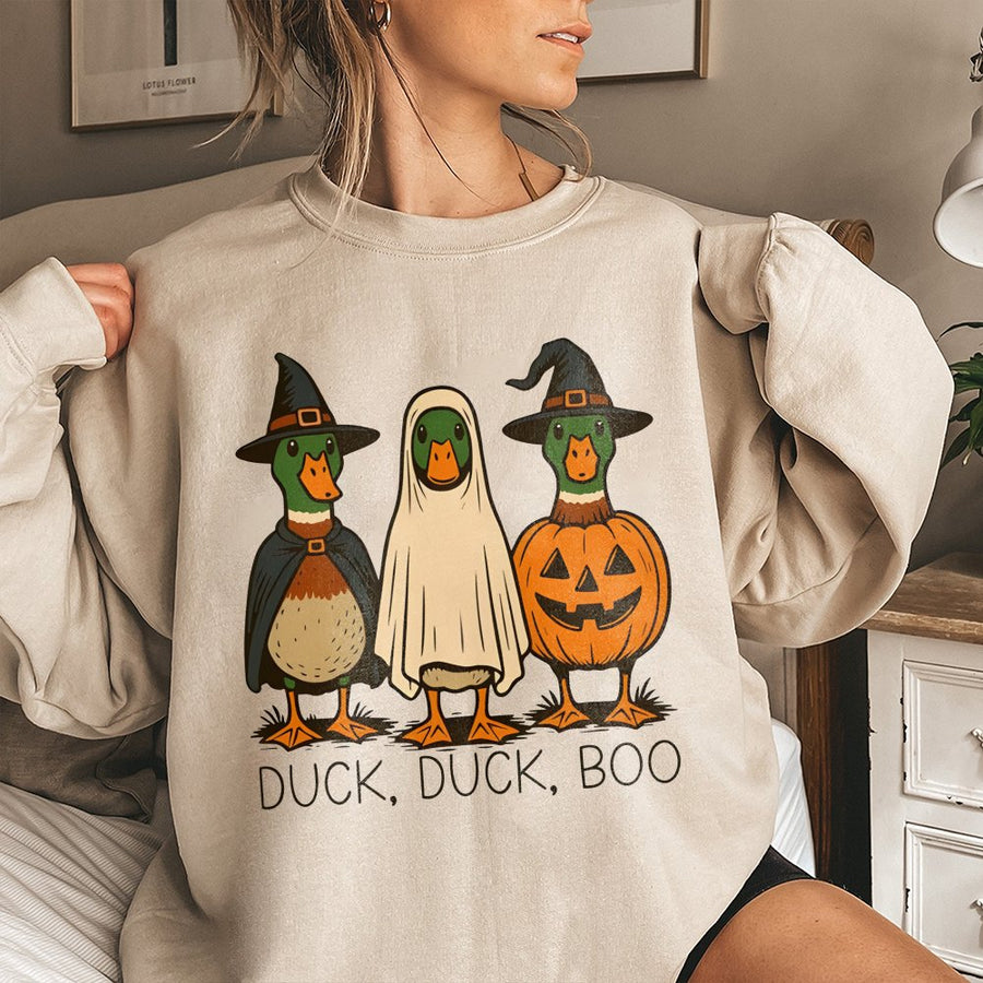 Duck Duck Boo Halloween Sweatshirt | Funny Spooky Duck Costume Graphic | Premium Cotton Blend | Cute Fall Holiday Gift for Women and Men