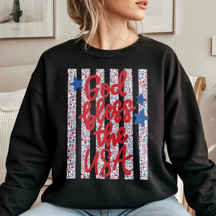 God Bless The USA Sweatshirt | Dainty Floral American Flag Design | Soft Cotton Blend Pullover | Fourth of July Gift for Women