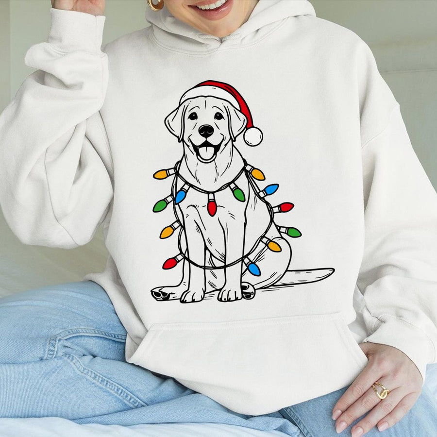 Labrador Christmas Hoodie | Santa Hat Lab Dog with Festive Lights Graphic | Soft Cotton-Blend Pullover | Cute Dog Lover Holiday Gift for Him or Her