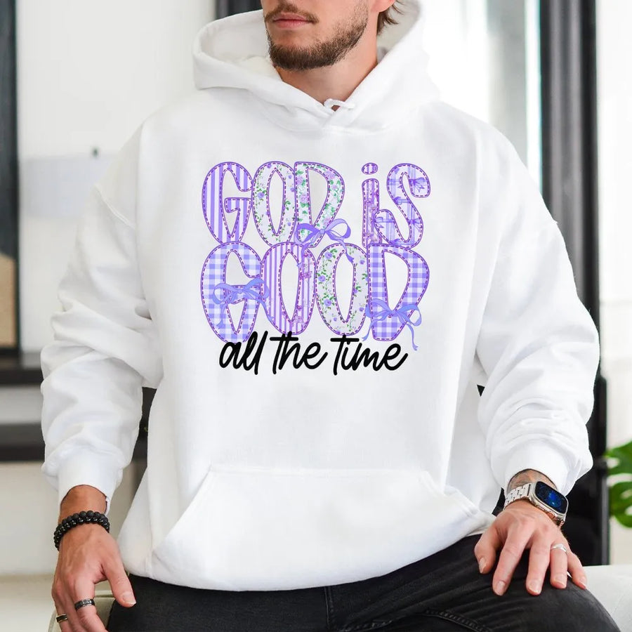God Is Good Hoodie | Purple Patchwork Floral Lettering | Premium Soft Cotton Tee | Inspirational Christian Gift for Women
