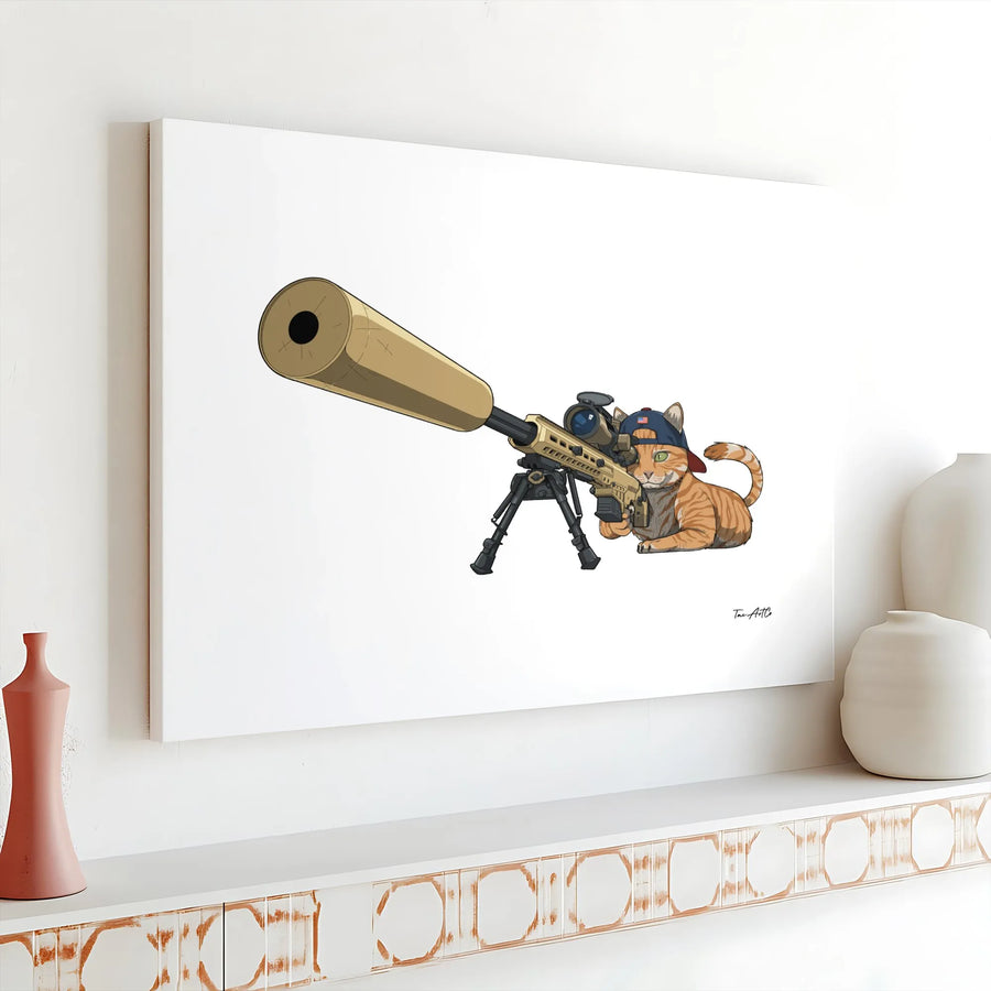 Sniper Cat Canvas Wall Art | Funny Tactical Ginger Cat with Rifle | Premium Matte Canvas Print | Unique Gift for Gun Lover & Man Cave Decor