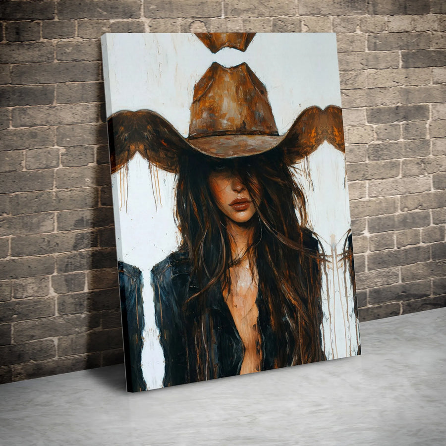 Cowgirl Canvas Wall Art | Western Abstract Portrait In Cowboy Hat | Premium Gallery Wrapped Decor | Modern Rustic Gift For Her