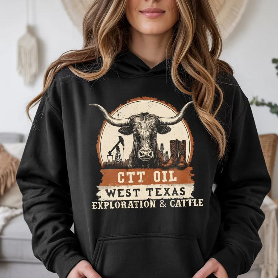 West Texas Oilfield Hoodie | Longhorn Cattle Ranch Graphic | Premium Cotton Blend | Unisex Western Workwear Gift
