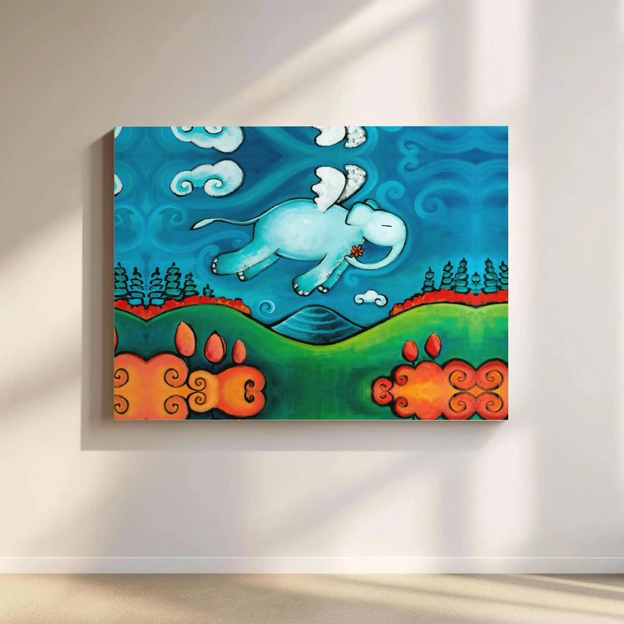 Flying Elephant Wall Art | Whimsical Blue Fantasy Creature Print | 1.25 Inch Premium Gallery Canvas | Nursery Decor & Childrens Room Gift