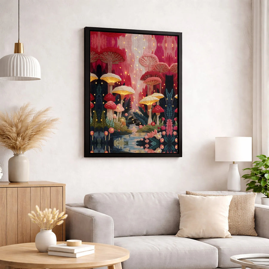 Mushroom Forest Canvas Art | Glowing Firefly Enchanted Woodland Wall Decor | Premium Fade-Resistant Print | Magical Nature Gift for Home