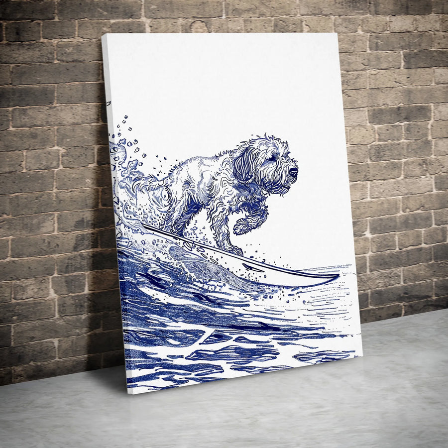 Surfing Doodle Dog Canvas Wall Art | Blue Ink Sketch Illustration | Premium Gallery Wrapped Print | Coastal Home Decor Gift for Dog Lovers