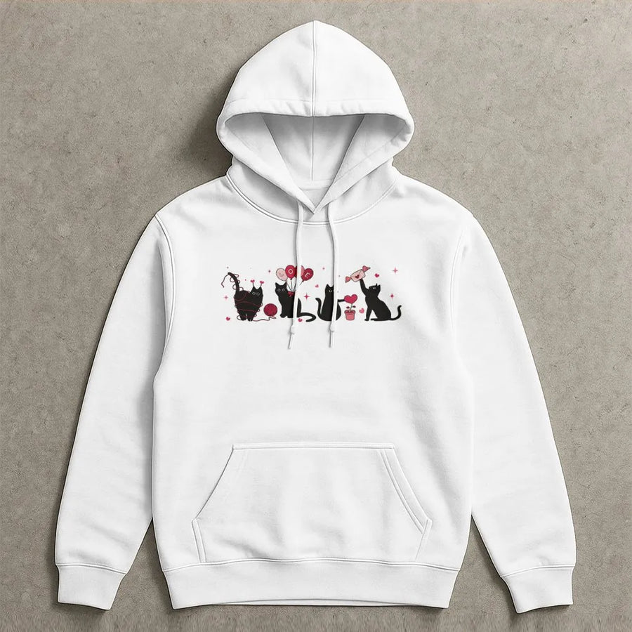 Cute Cat Valentine Hoodie | Black Cat Hearts Love Design | Premium Soft Cotton Blend | Valentines Day Gift For Her Cat Lover
