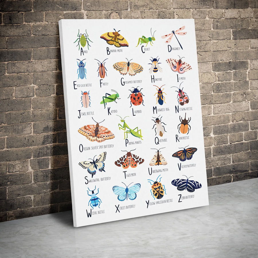 Insect Alphabet Canvas Wall Art | Educational Bug and Butterfly Chart | Gallery Wrapped Premium Print | Nursery Decor Gift for Kids and Science Lovers