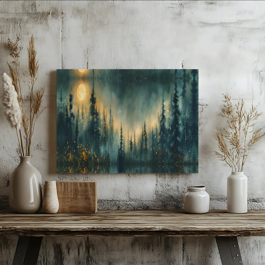 Misty Forest Landscape Canvas | Moody Two Moon Night Reflection Art | Premium Gallery Wrapped Wall Decor | Atmospheric Nature Gift for Home