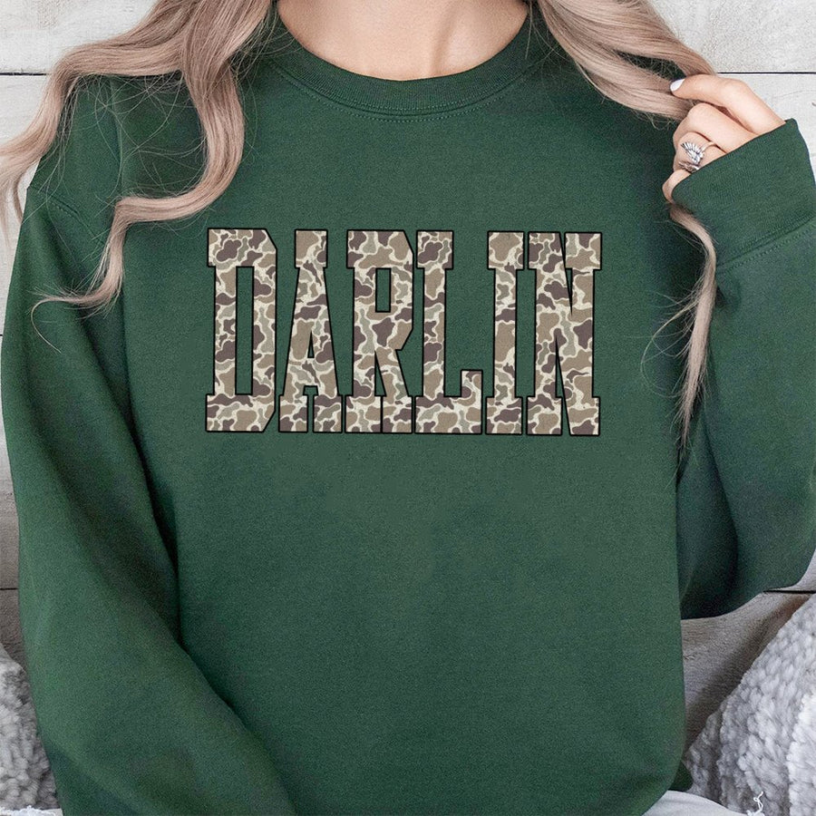 Darlin Camo Sweatshirt | Varsity Letter Graphic Print | Premium Cotton Blend | Southern Aesthetic Fall Gift for Women
