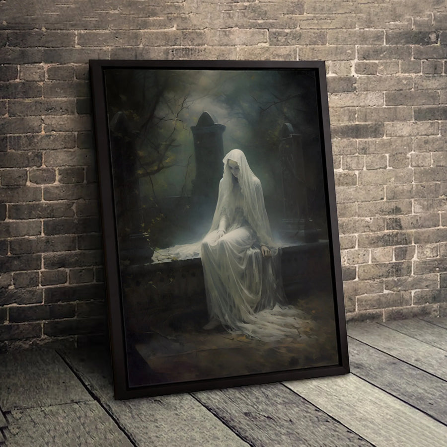 Gothic Ghost Woman Canvas Wall Art | Ethereal Graveyard Portrait | Premium Fade-Resistant Print | Dark Academia Home Decor Gift