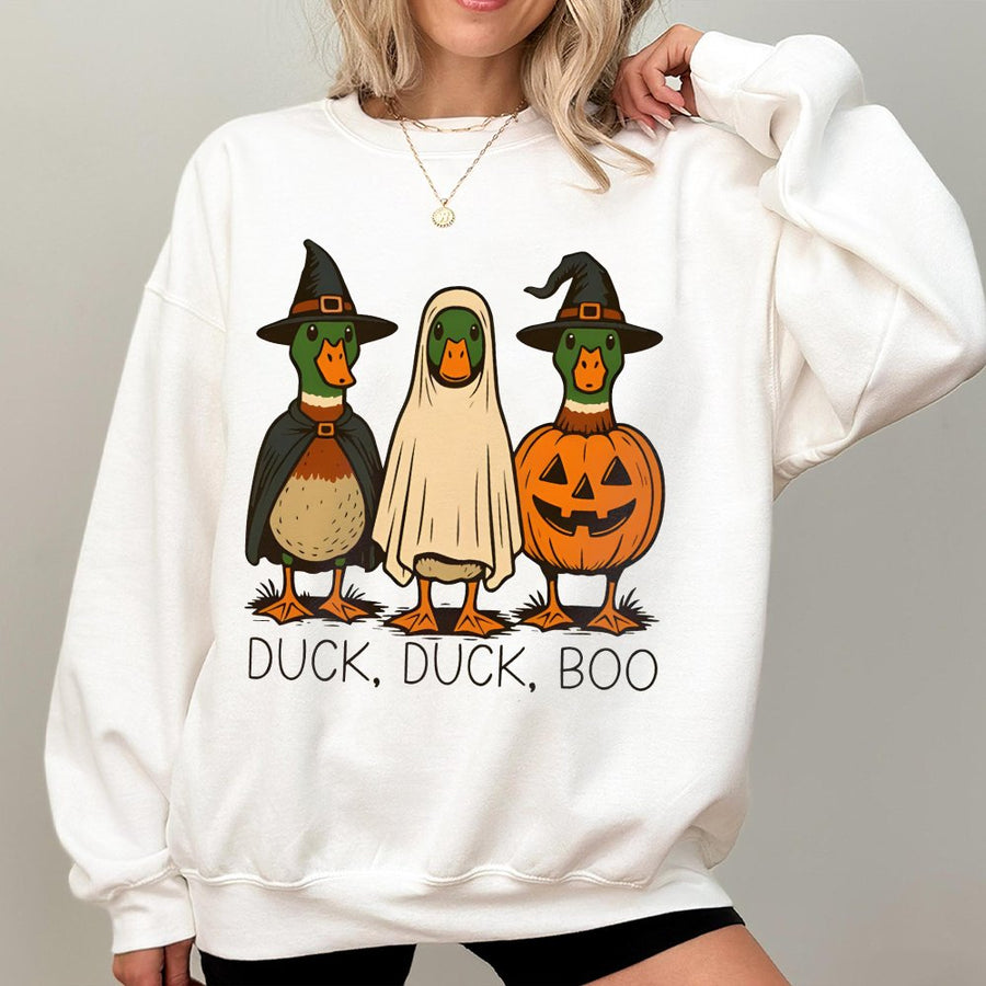 Duck Duck Boo Halloween Sweatshirt | Funny Spooky Duck Costume Graphic | Premium Cotton Blend | Cute Fall Holiday Gift for Women and Men