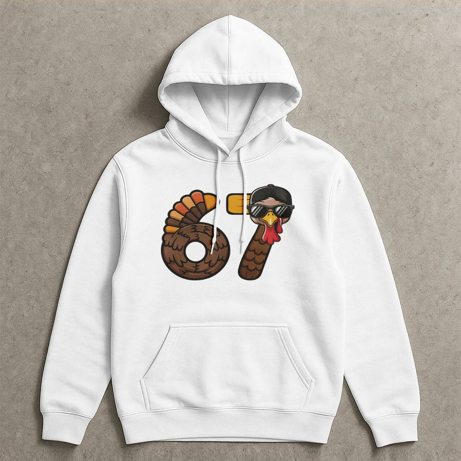 67 Turkey Thanksgiving Hoodie | Funny Birthday Age Number Design | Premium Cotton Blend Pullover | Cute Fall Holiday Gift for Him or Her