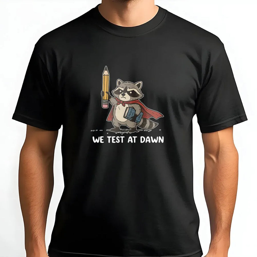Teacher Testing Day T-Shirt | We Test At Dawn Racoon Graphic | Premium Comfort Colors Pullover | Gift for Test Coordinator and Educators