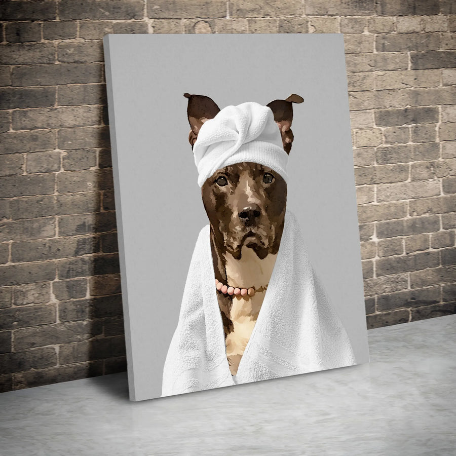 Pit Bull Dog Spa Wall Art | Funny Pet Portrait with Towel Turban | Premium Fade-Resistant Canvas | Unique Bathroom Decor Gift