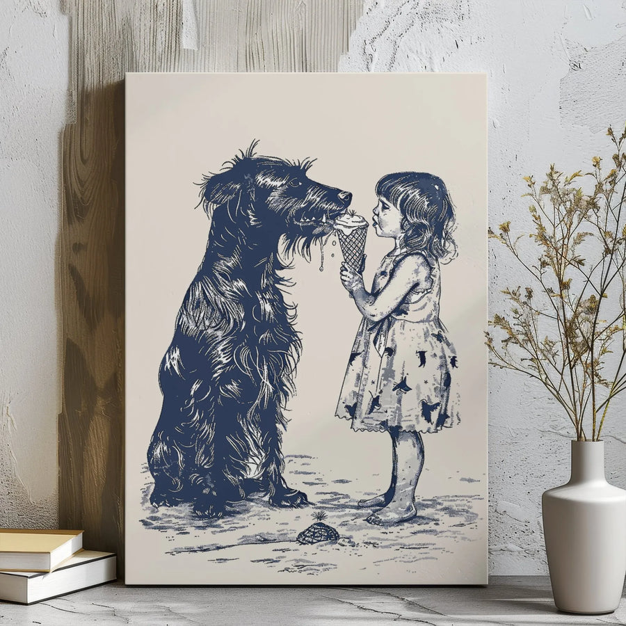 Girl Sharing Ice Cream with Dog Canvas Art | Vintage Sketch Illustration | Premium Gallery Wrapped Decor | Heartwarming Nursery or Home Gift