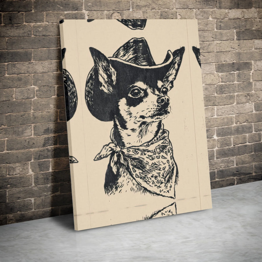 Cowboy Chihuahua Canvas Wall Art | Vintage Sketch Style Portrait | Premium Gallery Wrapped Canvas | Unique Gift for Dog Lover, Rustic Home Decor
