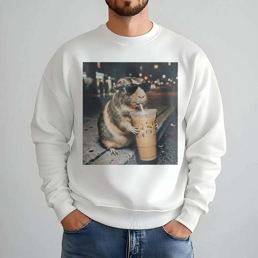Funny Guinea Pig Sweatshirt | Iced Coffee Meme with Sunglasses | Premium Comfort Colors Tee | Gift for Coffee Lover & Pet Owner