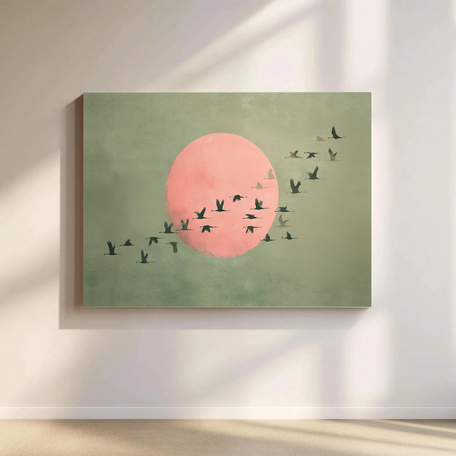 Japandi Birds Canvas Wall Art | Minimalist Crane Flock Over Pink Sun | Premium Matte Canvas Print | Modern Zen Living Room Decor