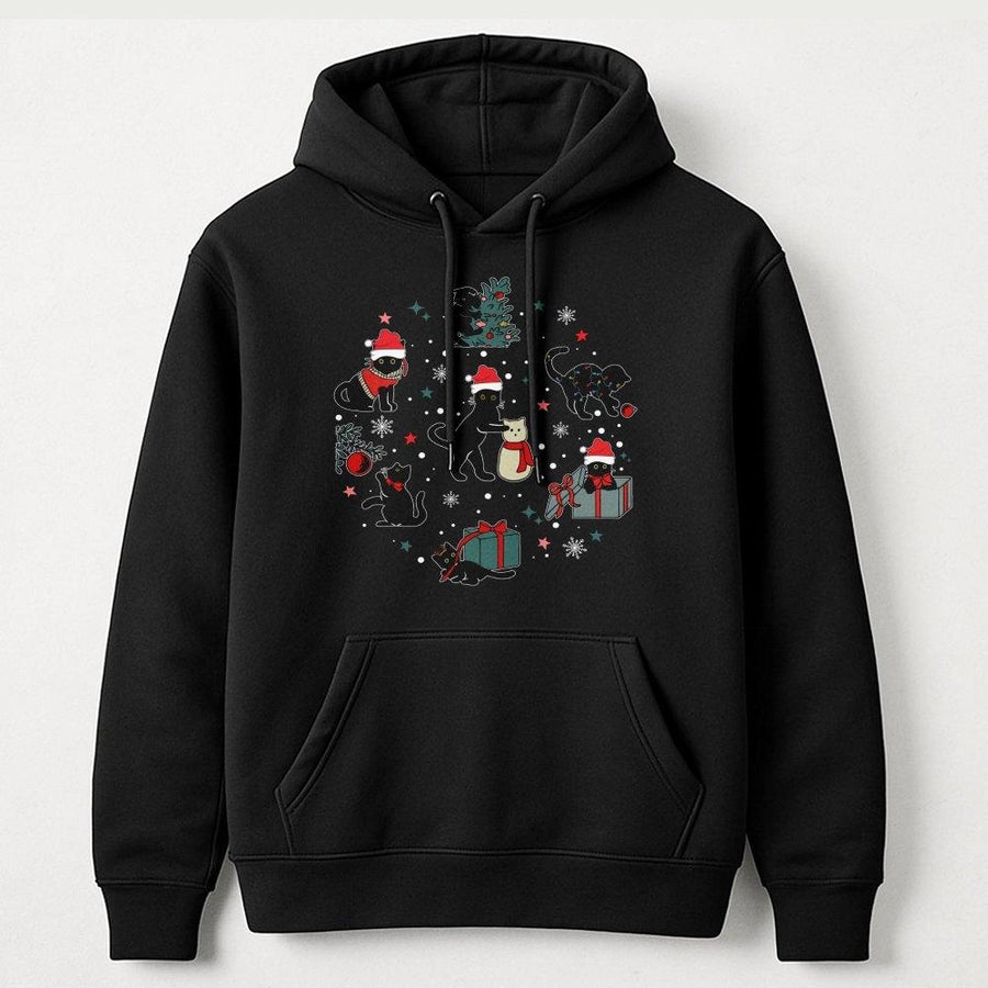Christmas Black Cat Hoodie | Festive Kittens with Santa Hats Design | Premium Cotton-Poly Blend | Cozy Holiday Gift for Cat Lovers