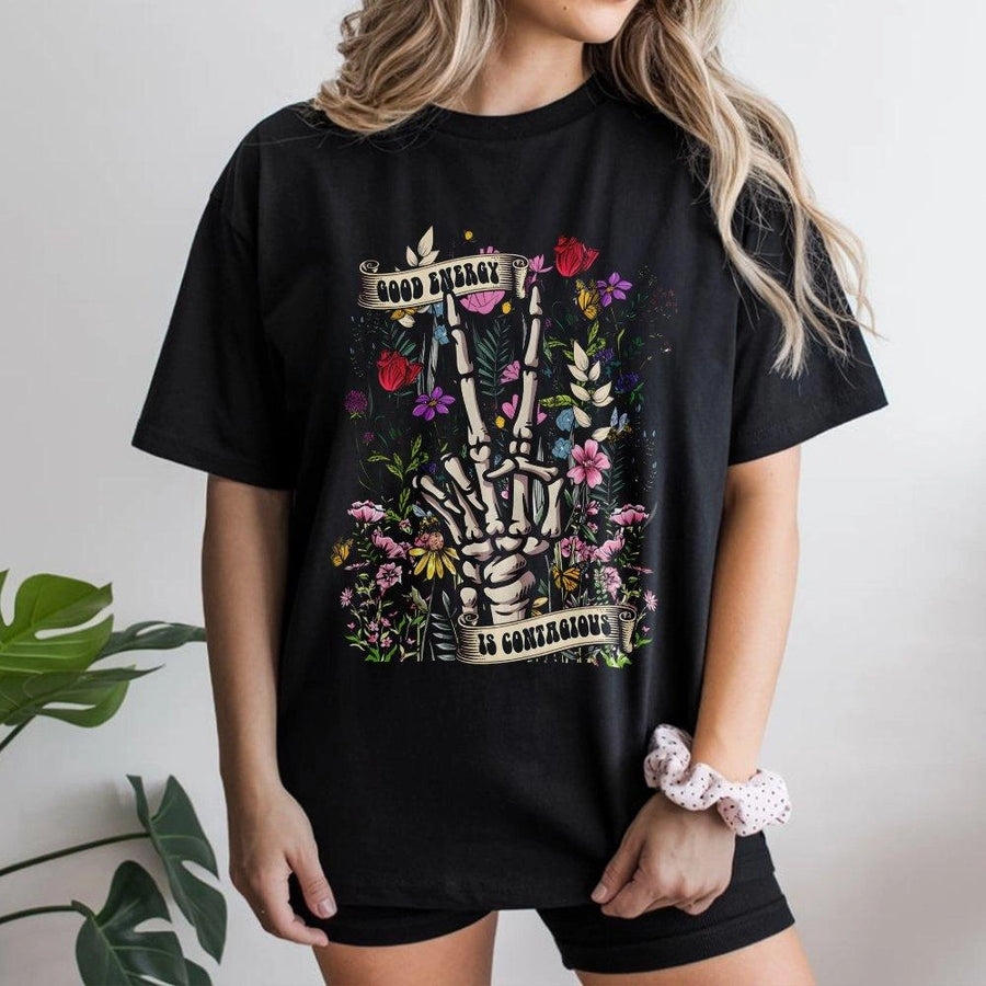 Good Energy Skeleton Hand T-Shirt | Peace Sign Floral Graphic | Soft 100% Cotton Premium Tee | Boho Positive Vibes Gift For Her And Him