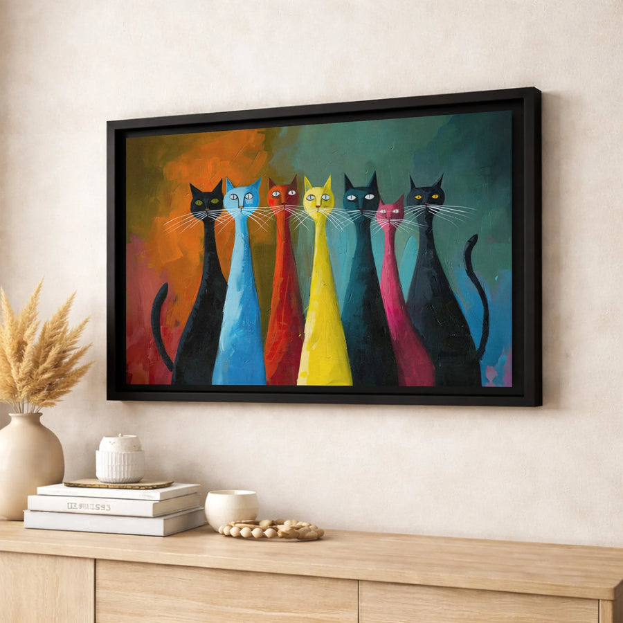 Colorful Cat Art Canvas | Seven Whimsical Modern Cats Painting | Gallery Quality Fade-Resistant Wall Decor | Unique Gift For Cat Lovers