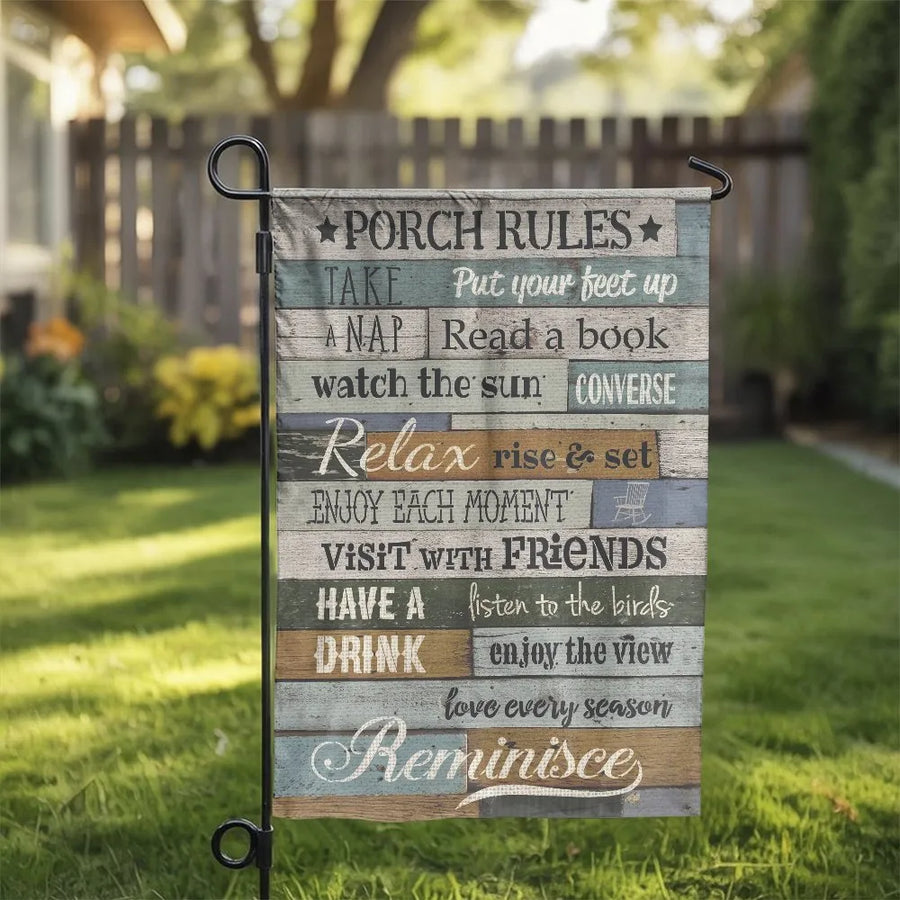 Porch Rules Garden Flag | Rustic Wood Plank Slogan Sign | Double-Sided Weather Resistant Polyester | Outdoor Yard Decor & Housewarming Gift