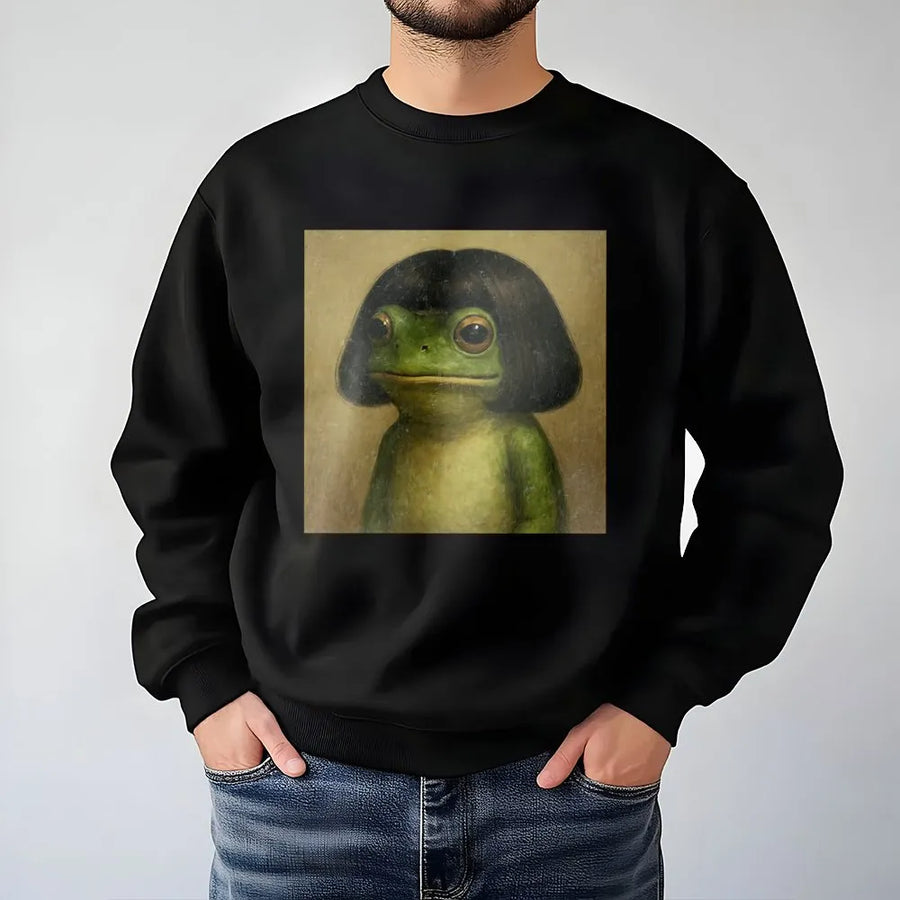 Funny Frog Meme Sweatshirt | Aesthetic Frog Wearing A Bob Wig | Premium Cotton Blend | Gift For Gen Z Humor Lovers