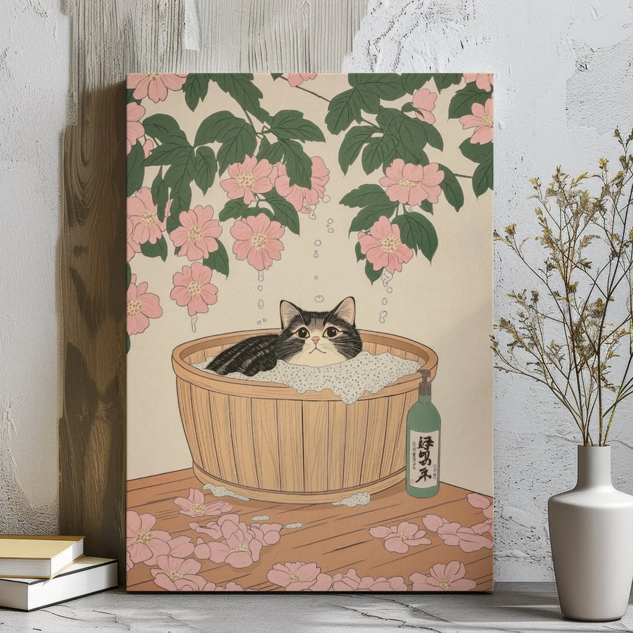 Japanese Cat Art Canvas Print | Cute Ukiyo-e Style Bubble Bath Decor | Premium Gallery Wrapped Wood Frame | Unique Whimsical Animal Wall Art Gift