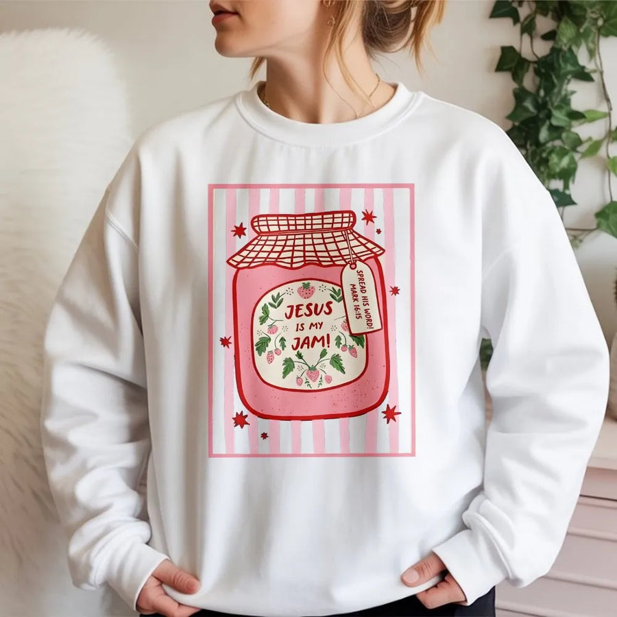 Jesus Is My Jam Sweatshirt | Cute Strawberry Jam Jar Graphic | Soft Cotton Blend Pullover | Faith Based Gift for Christian Women