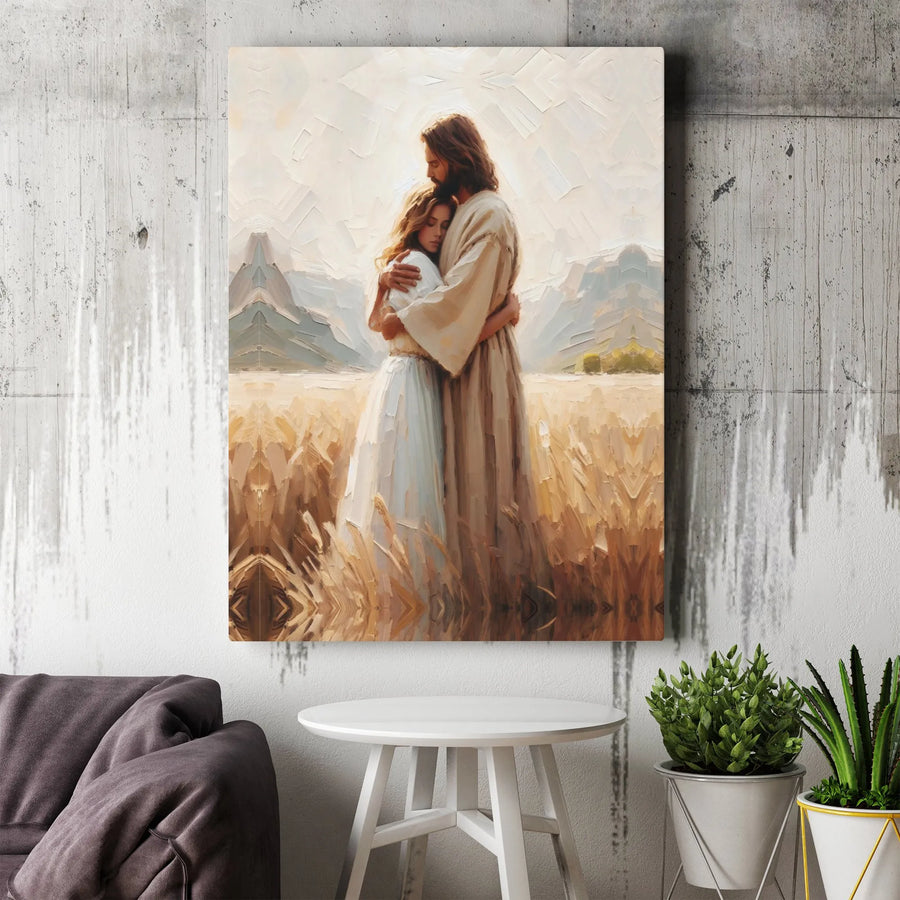 Jesus Embracing Woman Canvas Art | Oil Painting Style Religious Wall Decor | Premium Fade-Resistant Print | Spiritual Christian Gift Home Interior