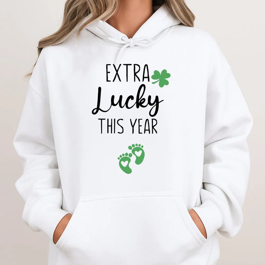 Extra Lucky This Year Hoodie | St. Patrick’s Day Pregnancy Announcement | Premium Cotton-Blend | Funny Maternity Baby Reveal Gift for Her