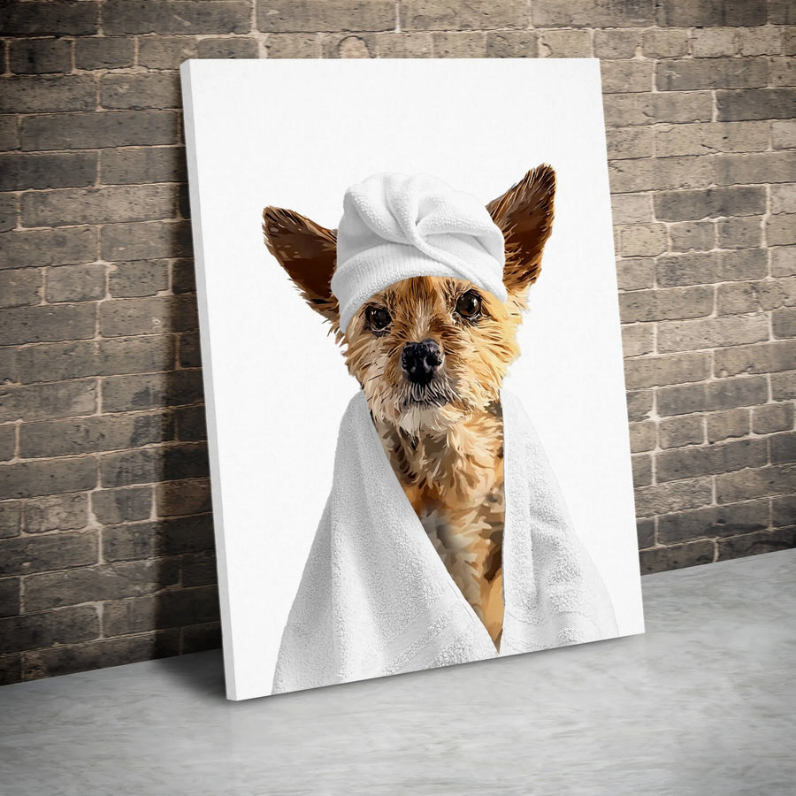 Dog Spa Wall Art | Cute Terrier in Towel Turban | Premium Gallery Canvas | Whimsical Bathroom Decor Gift for Dog Lovers