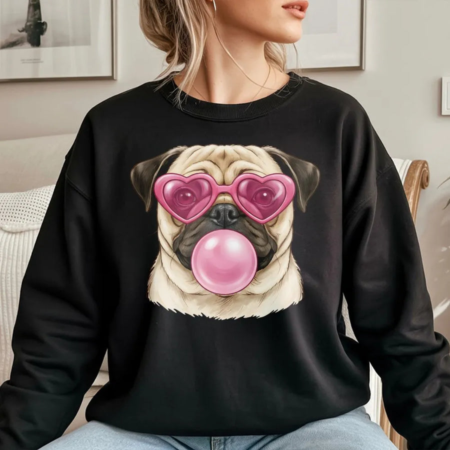 Pug Sweatshirt | Cute Dog With Heart Glasses Bubblegum Graphic | Soft Cotton Blend | Funny Valentine's Day Gift For Dog Lovers