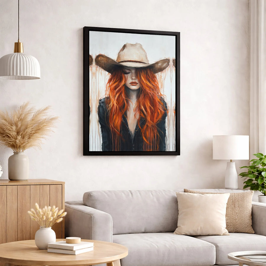 Western Cowgirl Canvas Wall Art | Red-Haired Woman Portrait | Premium Gallery-Wrapped Print | Rustic Home Decor Gift for Her
