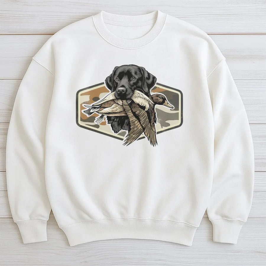 Duck Hunting Lab Sweatshirt | Black Labrador Retriever Camo Graphic | Premium Cotton Blend | Gift for Hunter and Waterfowl Enthusiast