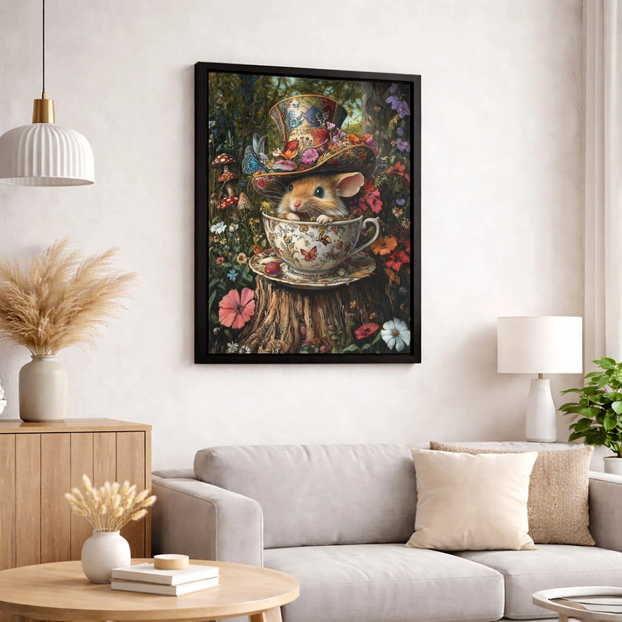 Whimsical Mouse In Teacup Canvas Art | Enchanted Forest Garden Wall Decor | Premium Gallery Wrap Print | Magical Cottagecore Gift For Her