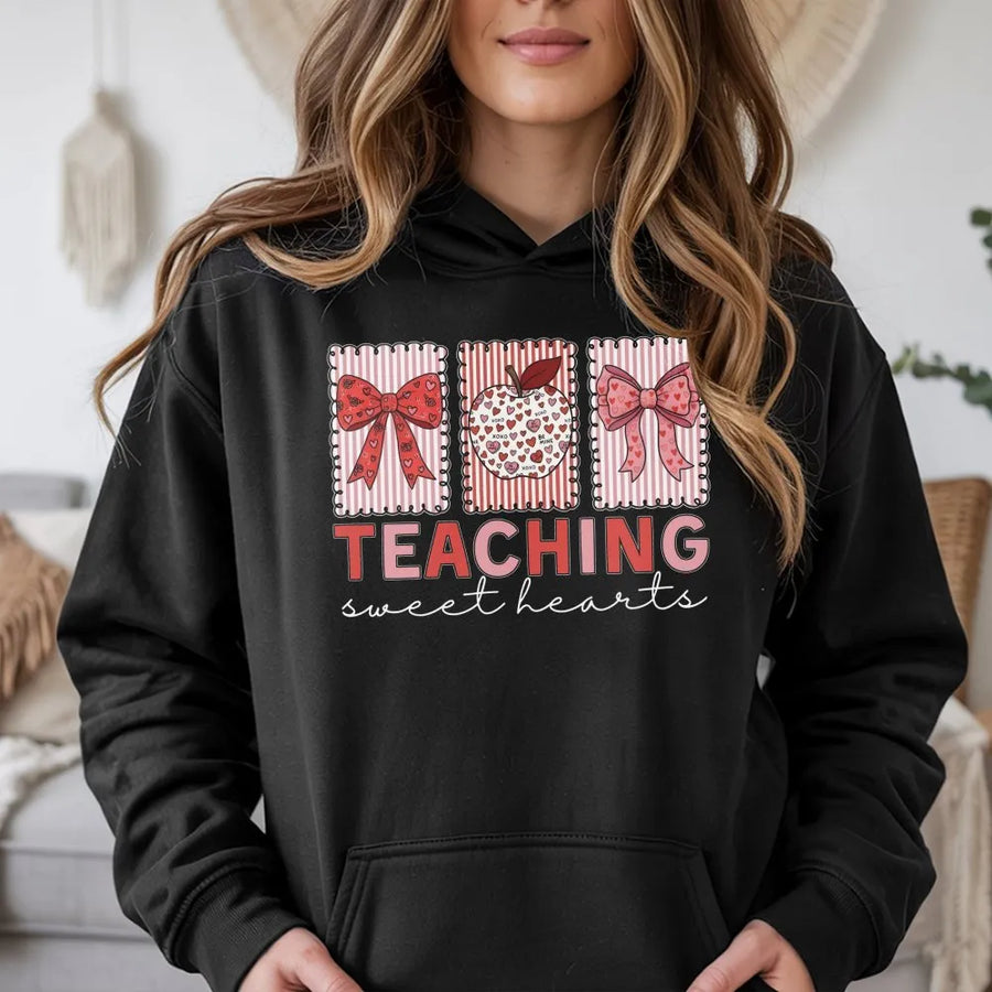 Teaching Sweet Hearts Hoodie | Teacher Valentine Bow & Apple Graphic | Premium Soft Cotton Blend | Cute Valentines Day Gift for Teachers