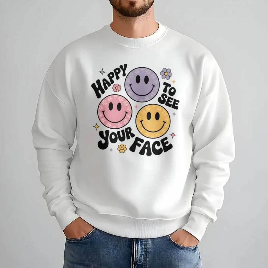 Happy Face Teacher Sweatshirt | Retro Smiley Face Graphic Tee | Soft 100% Cotton | Back to School Gift for Teachers