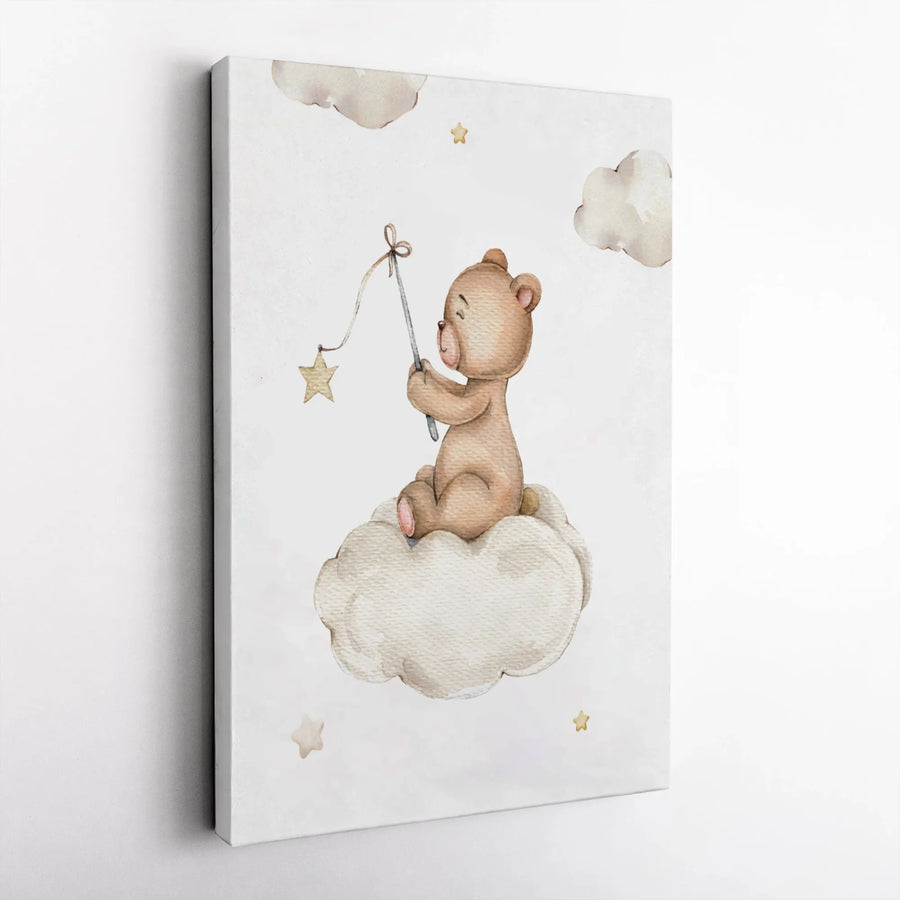 Watercolor Teddy Bear Wall Art | Cute Cloud Fishing For Stars Nursery Decor | Premium Gallery-Wrapped Canvas | Gender Neutral Baby Room Gift